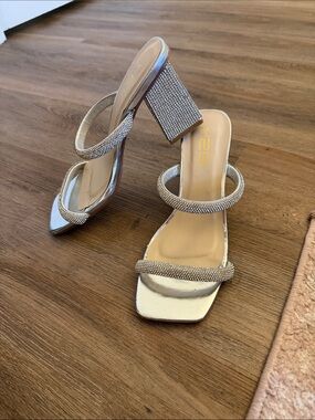 X2E Silver Rhinestone Double-Strap Block Heel Sandals